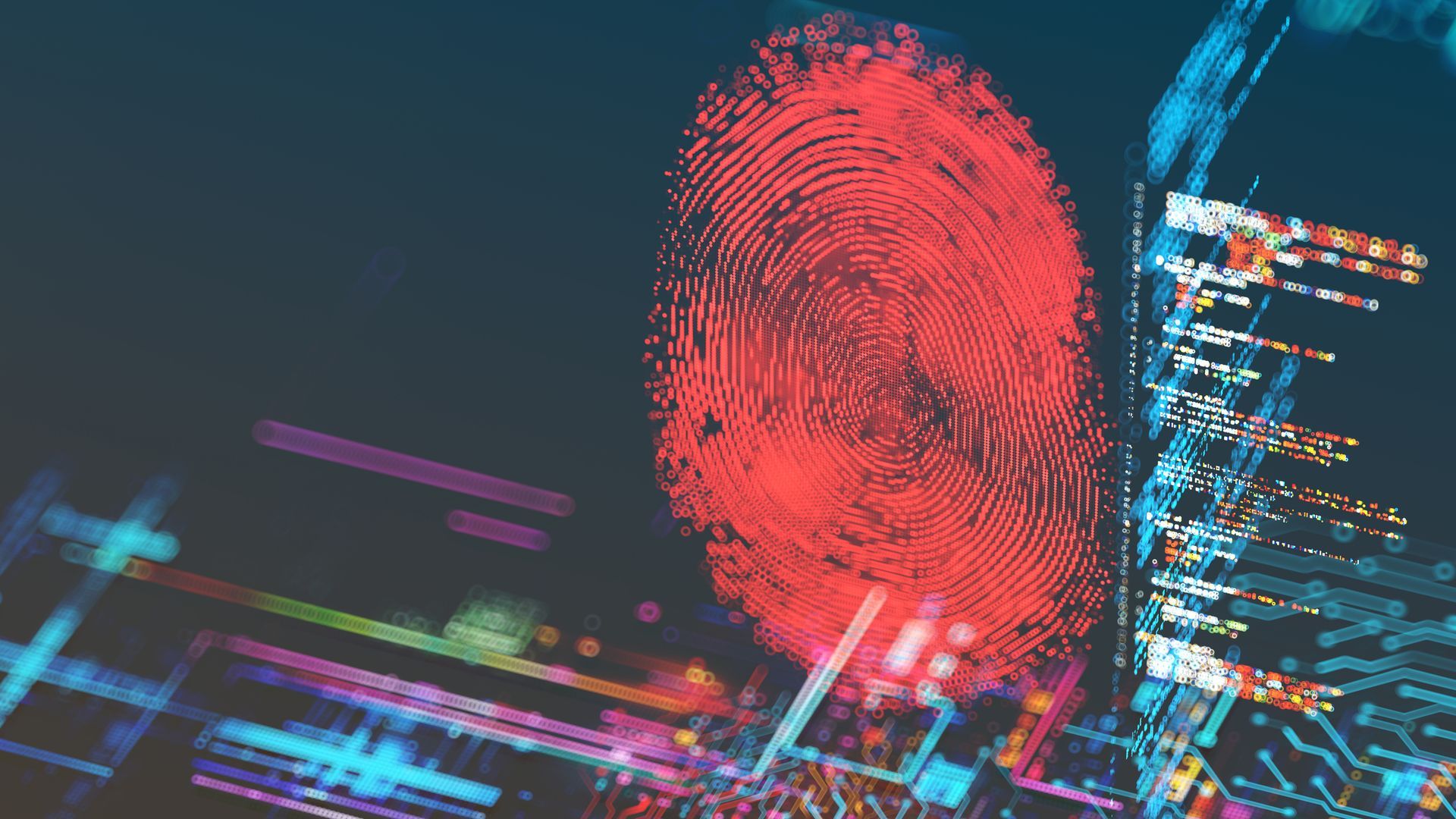 A close up of a red fingerprint on a colorful background.