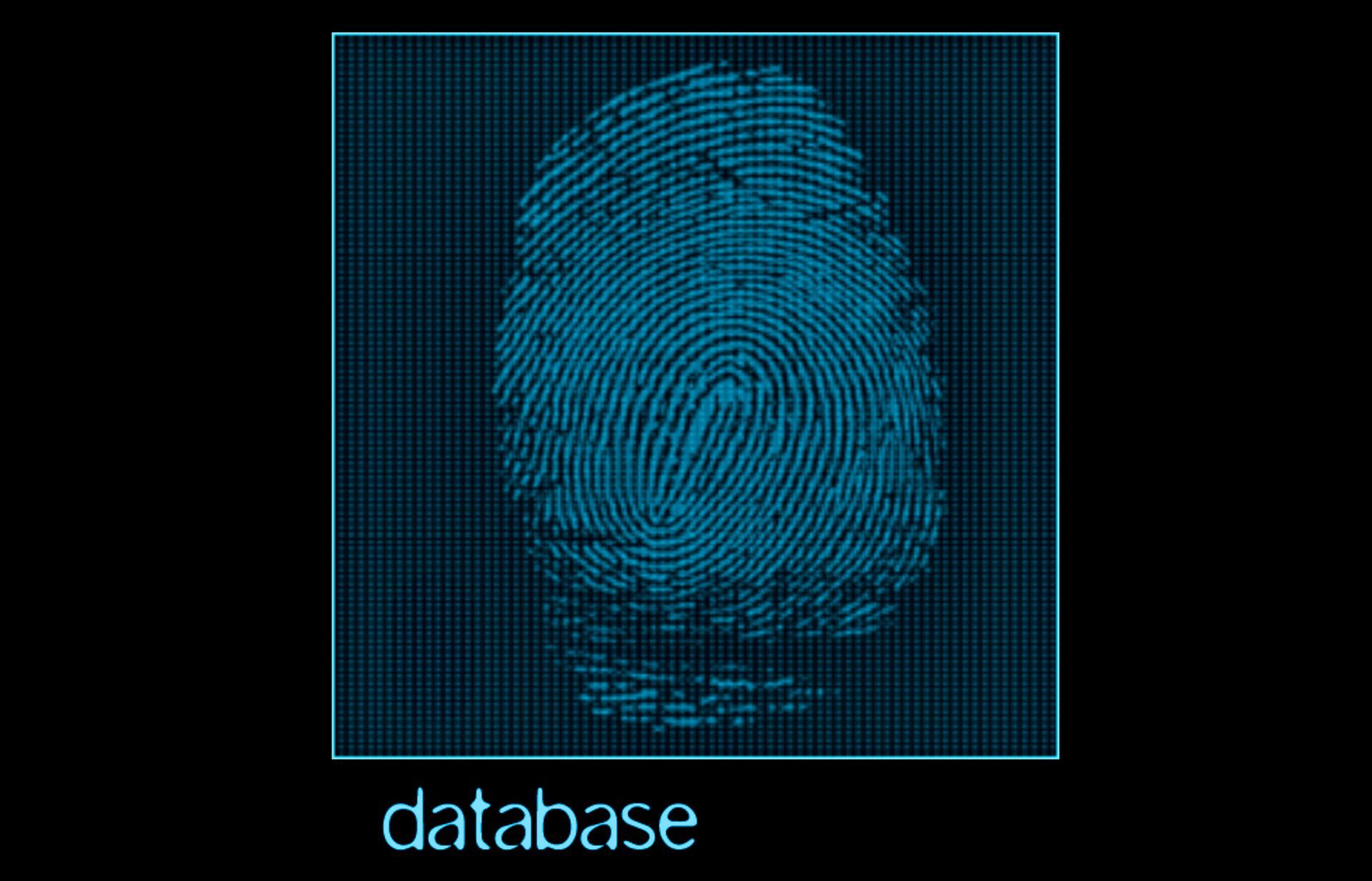 A blue fingerprint on a black background with the word database below it