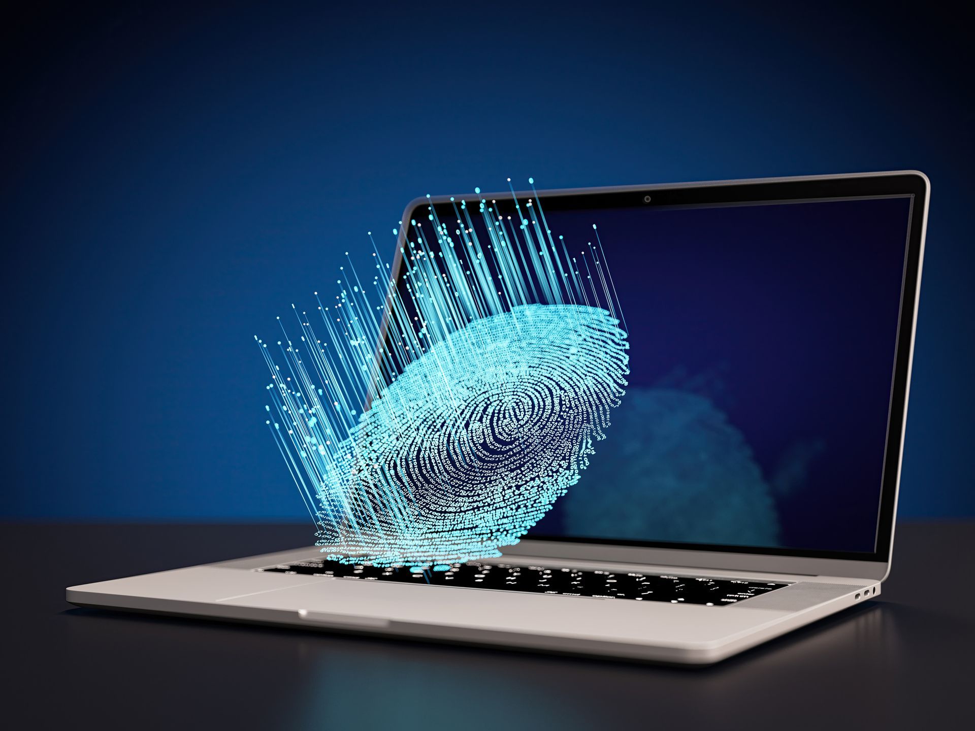 A laptop computer with a fingerprint coming out of the screen.