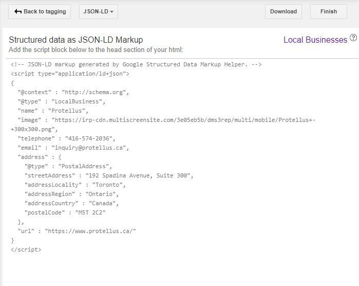 Screen capture of structured data generated for a local business by Google's Structured Data Markup Helper