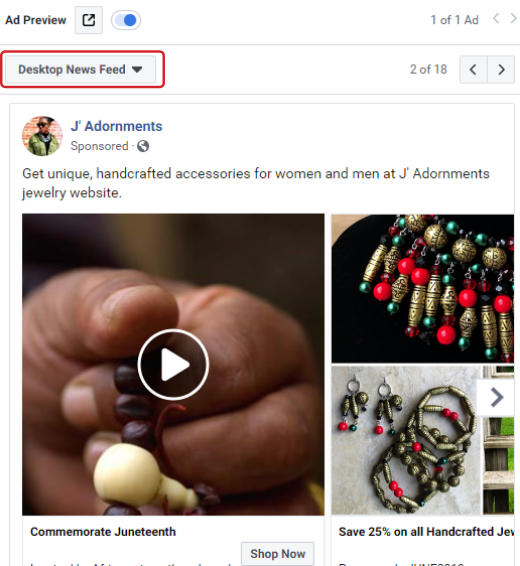 Screen capture of Facebook carousel ad preview functionality