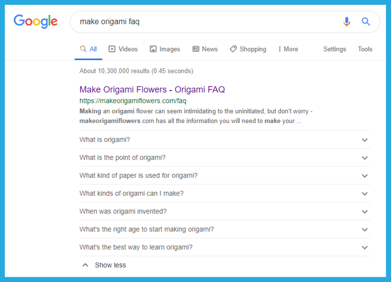 Screen capture of Google's search results for a web page with schema markup for FAQ