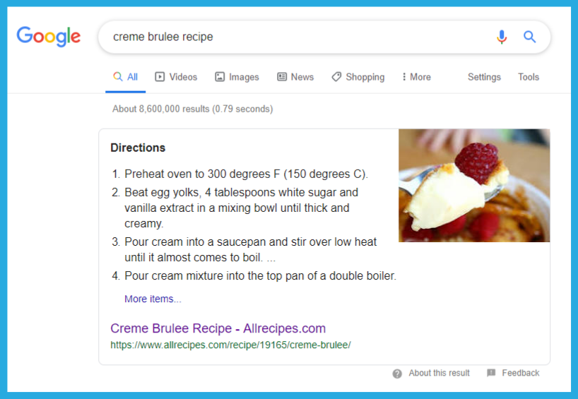 Screen capture of Google's search results for a web page with schema markup for  creme brulee recipe