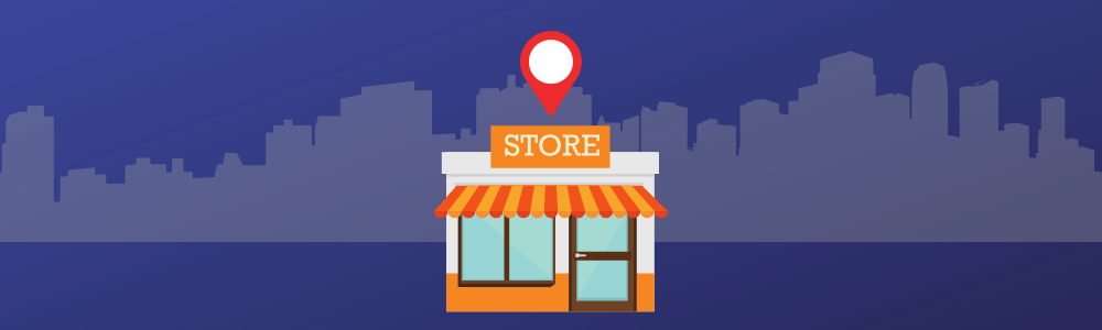 Graphic with a small store in front of large city back drop representing local business getting found by new customers