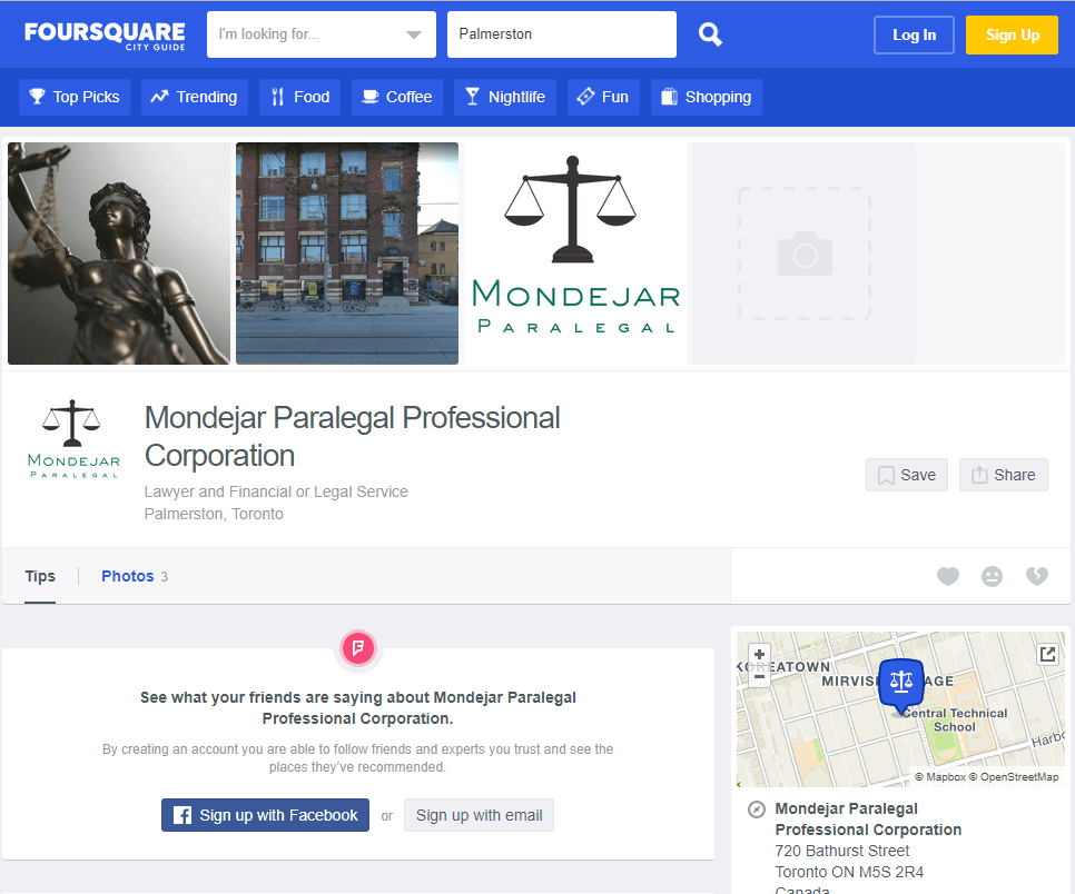 Screen capture of Foursquare directory citation for Mondejar Paralegal Professional Corporation