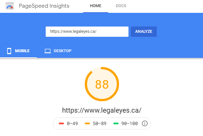 Screen capture of PageSpeed Insights showing 88 performance score for mobile browsers