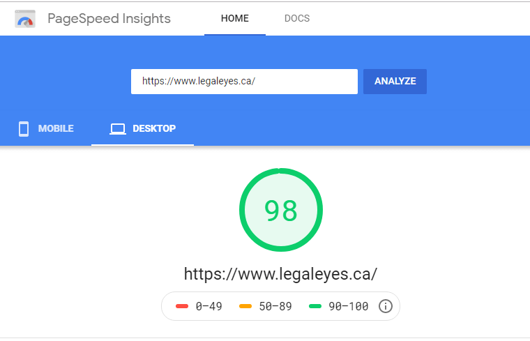 Screen capture of PageSpeed Insights showing 98 performance score for desktop browsers