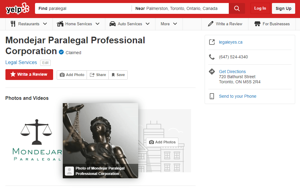 Screen capture of Yelp.ca citation for Mondejar Paralegal Professional Corporation