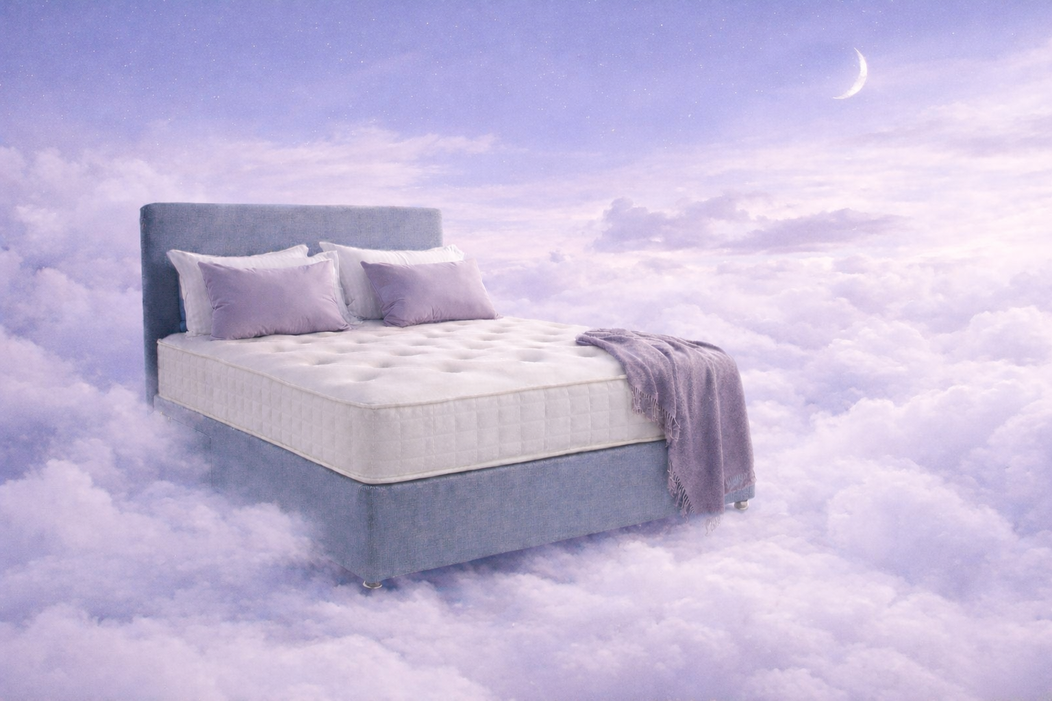 A Highland BlindCraft Eco mattress above the clouds with a dreamy purple tone