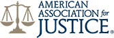 The logo for the american association for justice has a scale of justice on it.