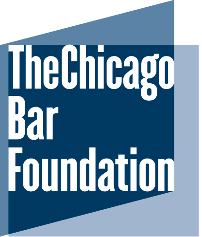 The logo for the chicago bar foundation is blue and white