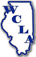A blue and white map of iowa with the letters wcla on it.
