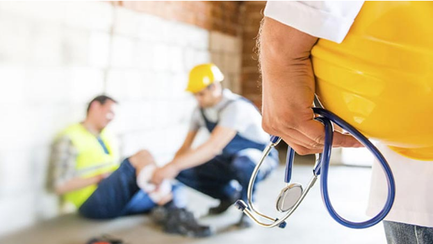 A doctor is holding a stethoscope in front of two construction workers.