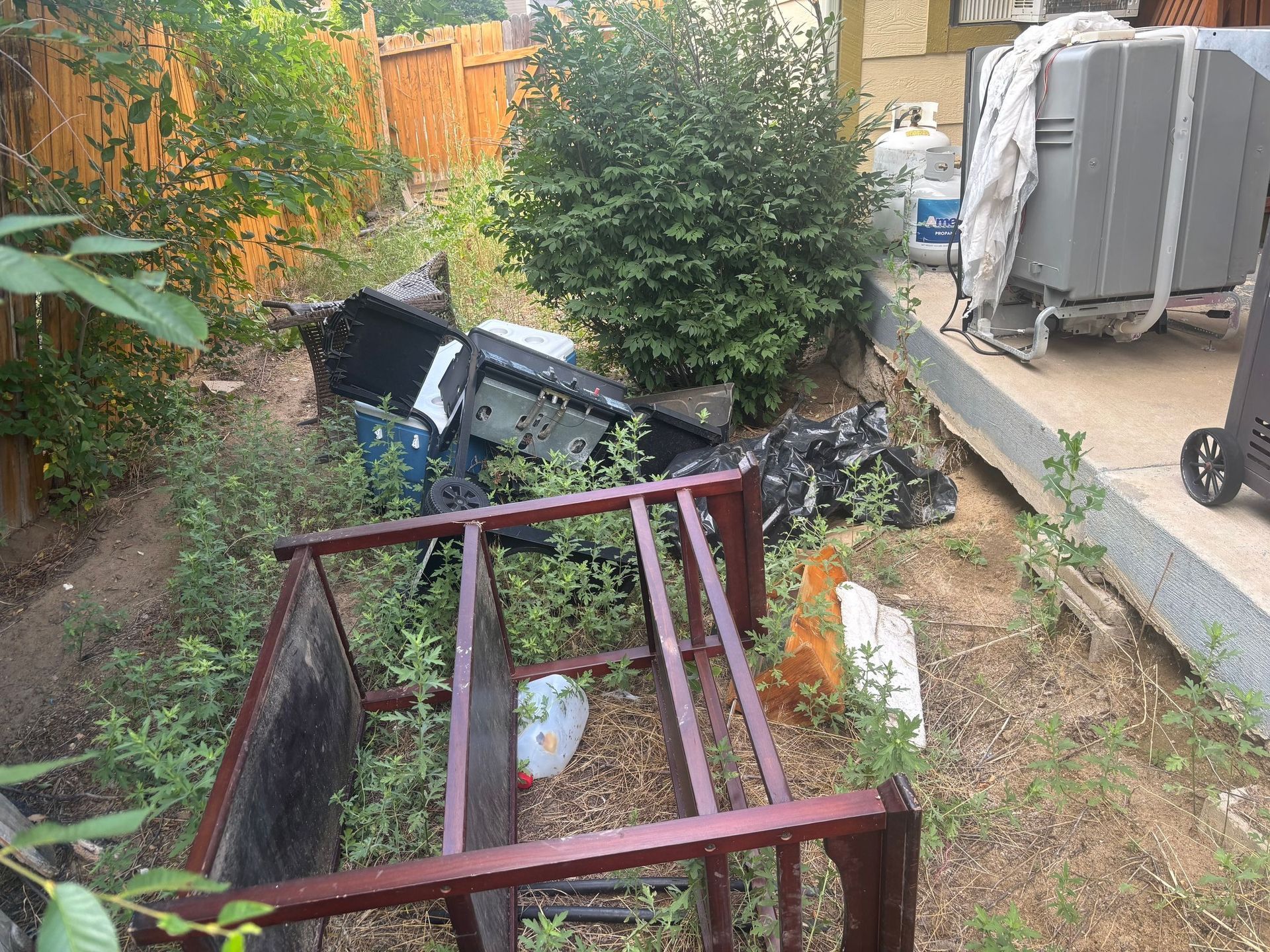Person in a backyard, carrying a basket towards a pile of objects. Green grass and a yellow house are visible.