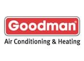 Goodman Air Conditioning & Heating logo with white text in a red, rounded rectangle.