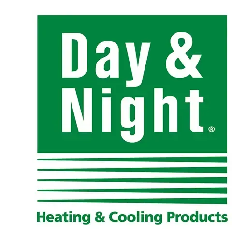 Green logo for Day & Night Heating & Cooling Products with white text and horizontal lines.