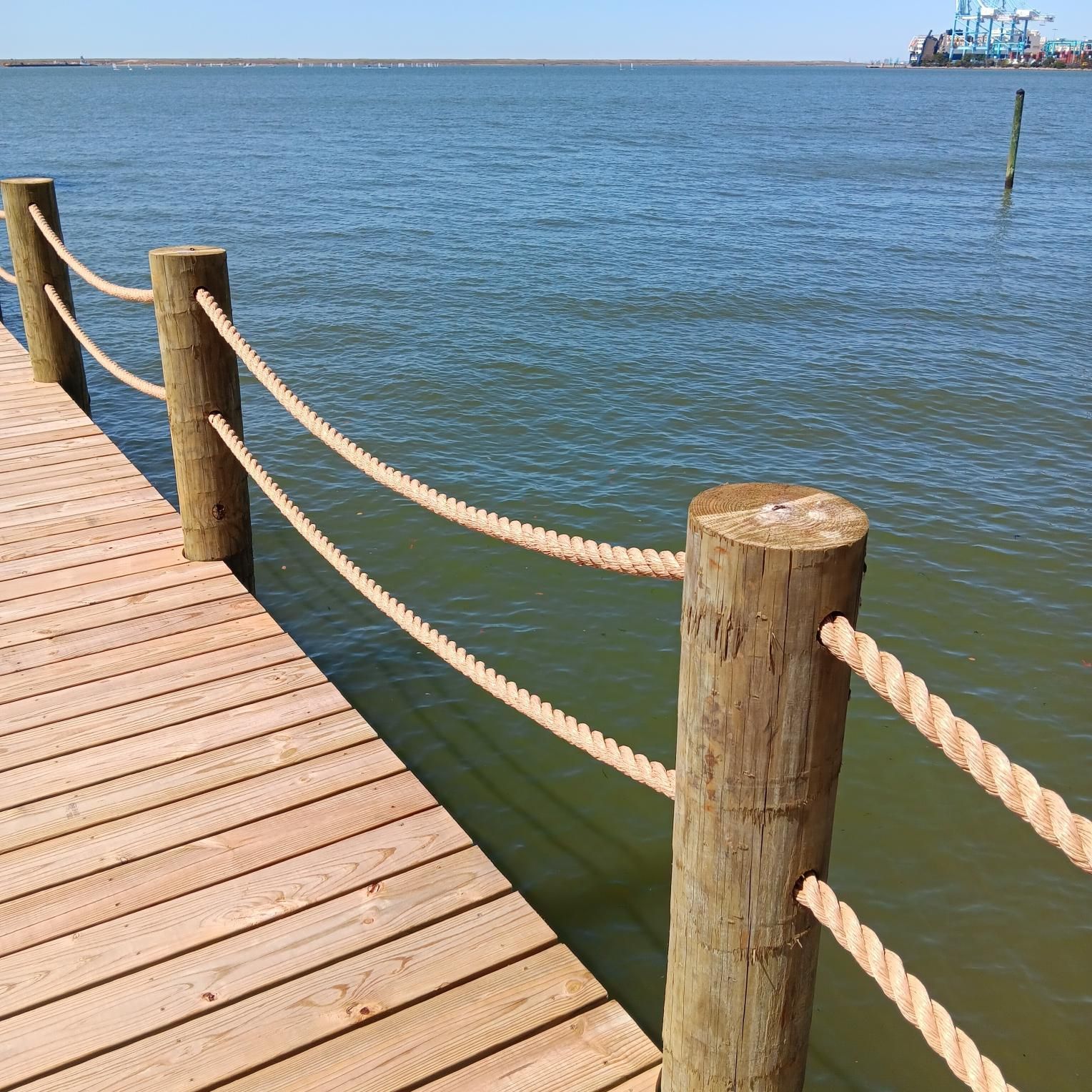 Wooden pier with rope railing extending into water.