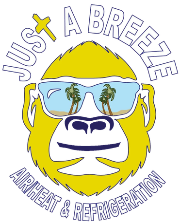 Logo for "Just a Breeze Air/Heat & Refrigeration" featuring a yellow gorilla wearing sunglasses with palm trees inside.