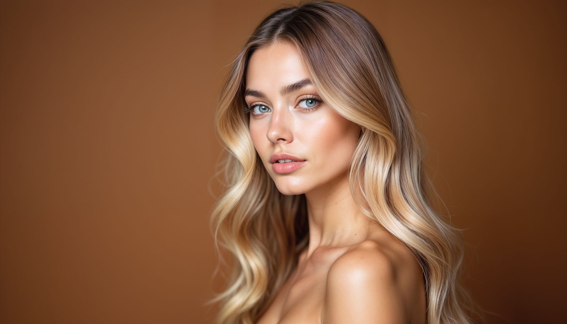 Eine Frau mit langen blonden Haaren steht vor einem braunen Hintergrund und blickt in die Kamera.