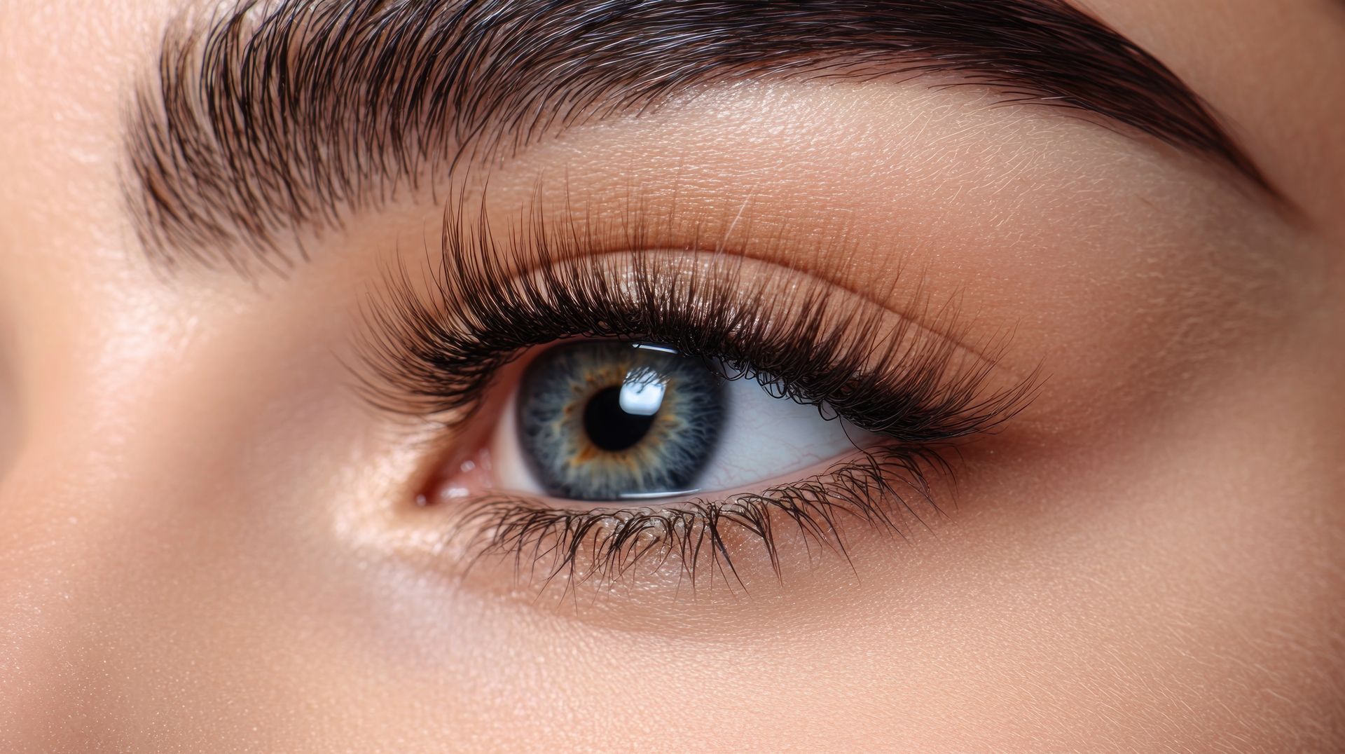 Eine Nahaufnahme des blauen Auges einer Frau mit langen Wimpern.