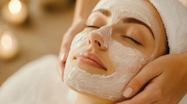 Eine Frau bekommt in einem Spa eine Gesichtsbehandlung.