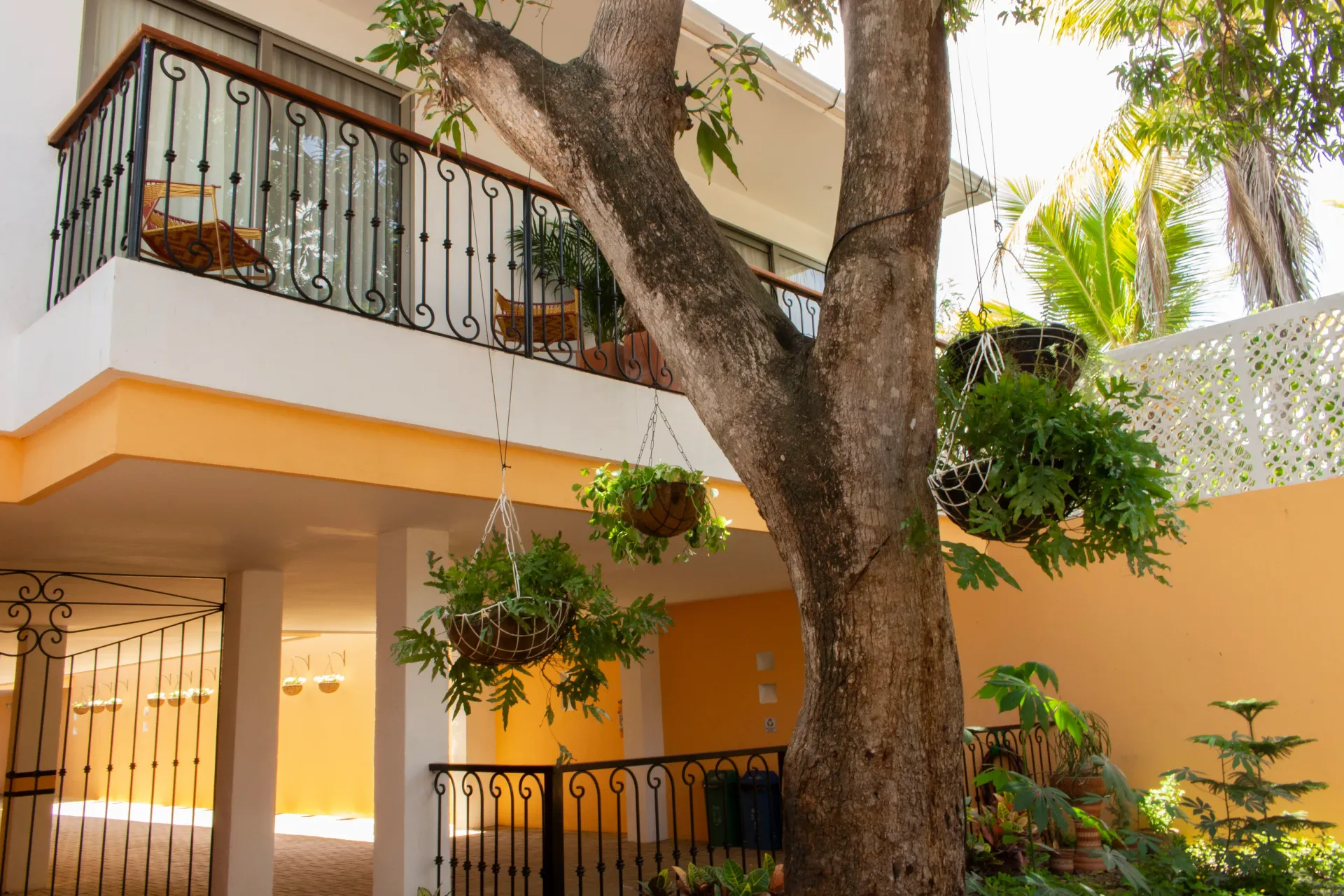 Una casa con un balcón y un árbol delante.