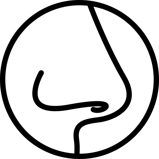 A black and white drawing of a nose in a circle.