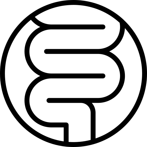 A line drawing of an intestine in a circle free icon