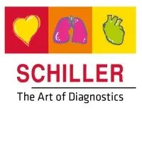 The logo for schiller the art of diagnostics shows a heart , lungs and a heart.