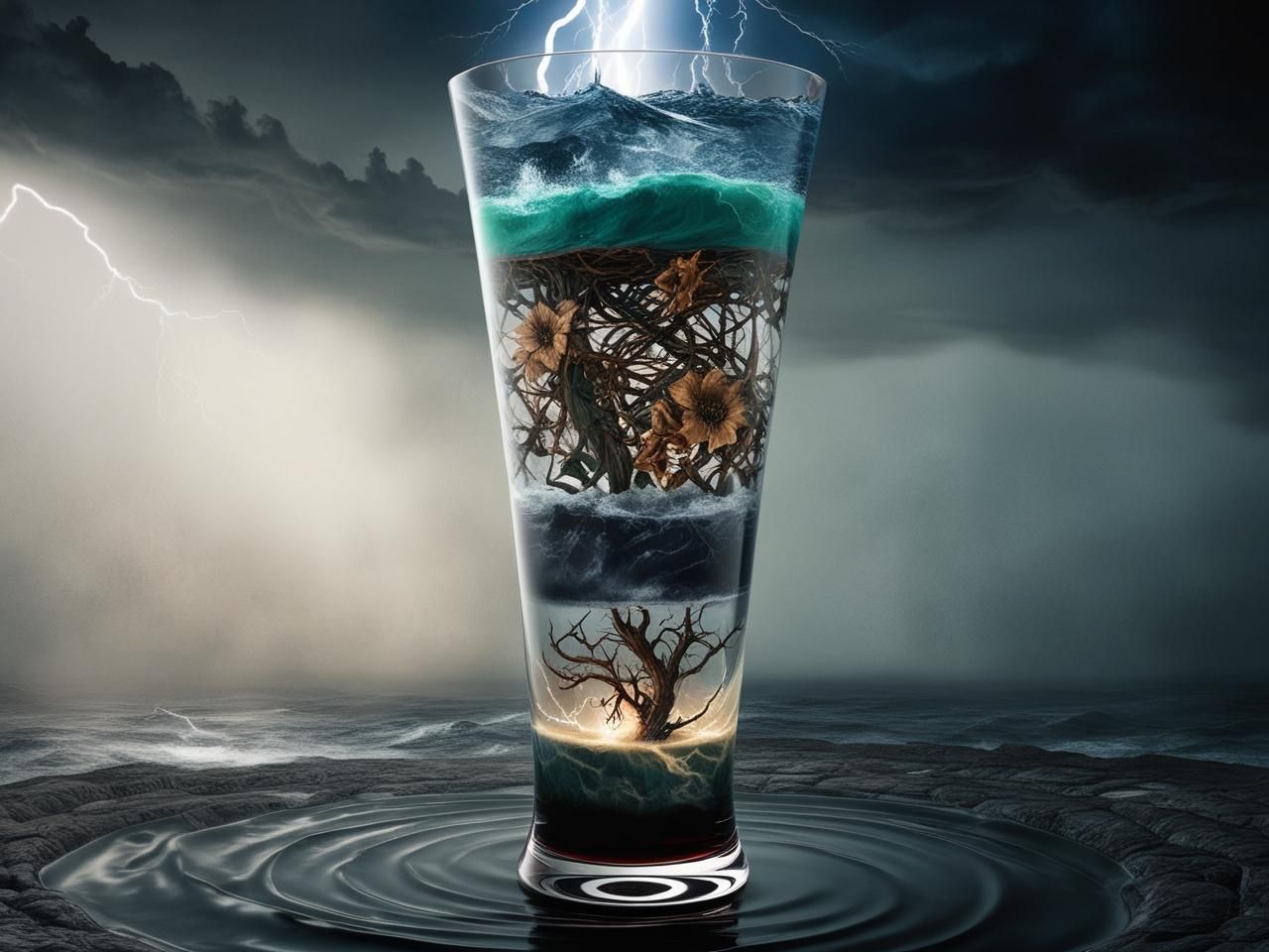 A glass filled with different types of water and trees