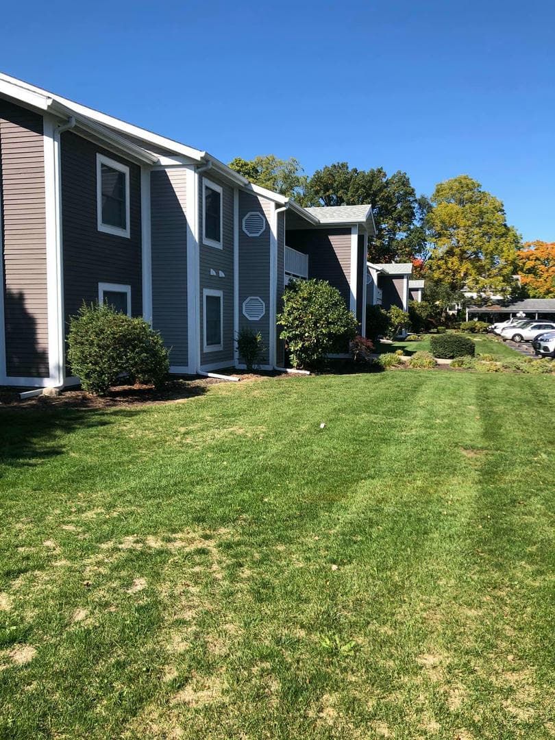 A row of apartment buildings with a lush green lawn in front of them.