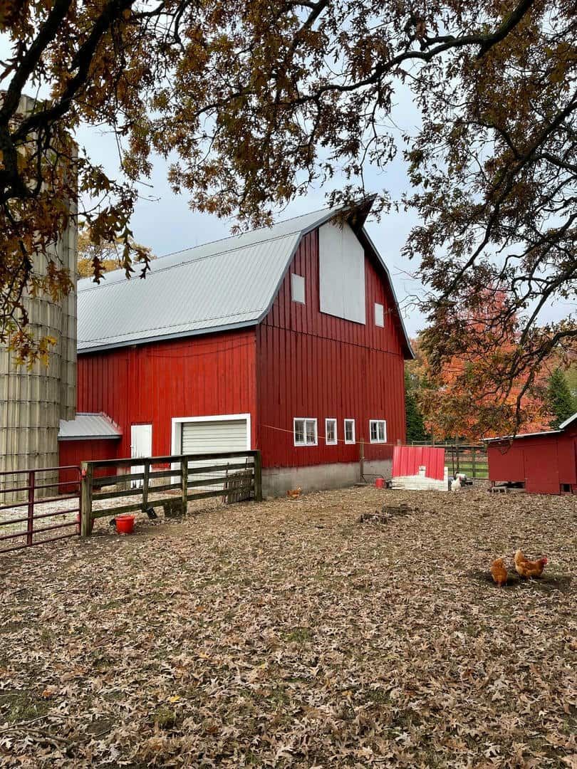 A red barn with a white roof is surrounded by leaves and trees.
