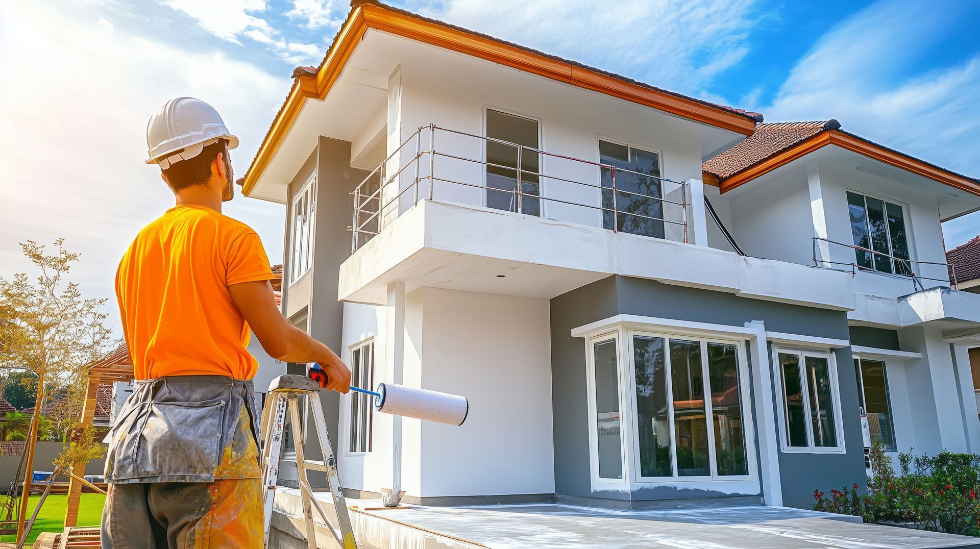 A man is standing in front of a house holding a roller.