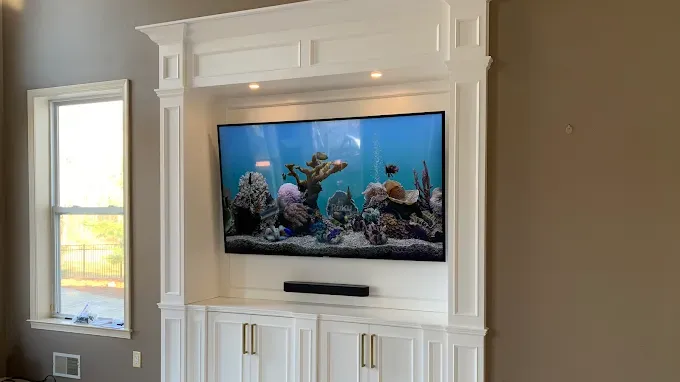 White built-in entertainment center with large TV displaying an aquarium scene; gold handles, neutral walls.