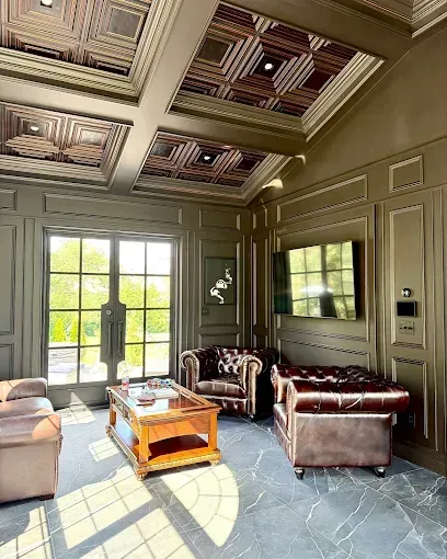 Luxurious room with brown paneling, patterned ceiling, leather furniture, large windows, and a TV.