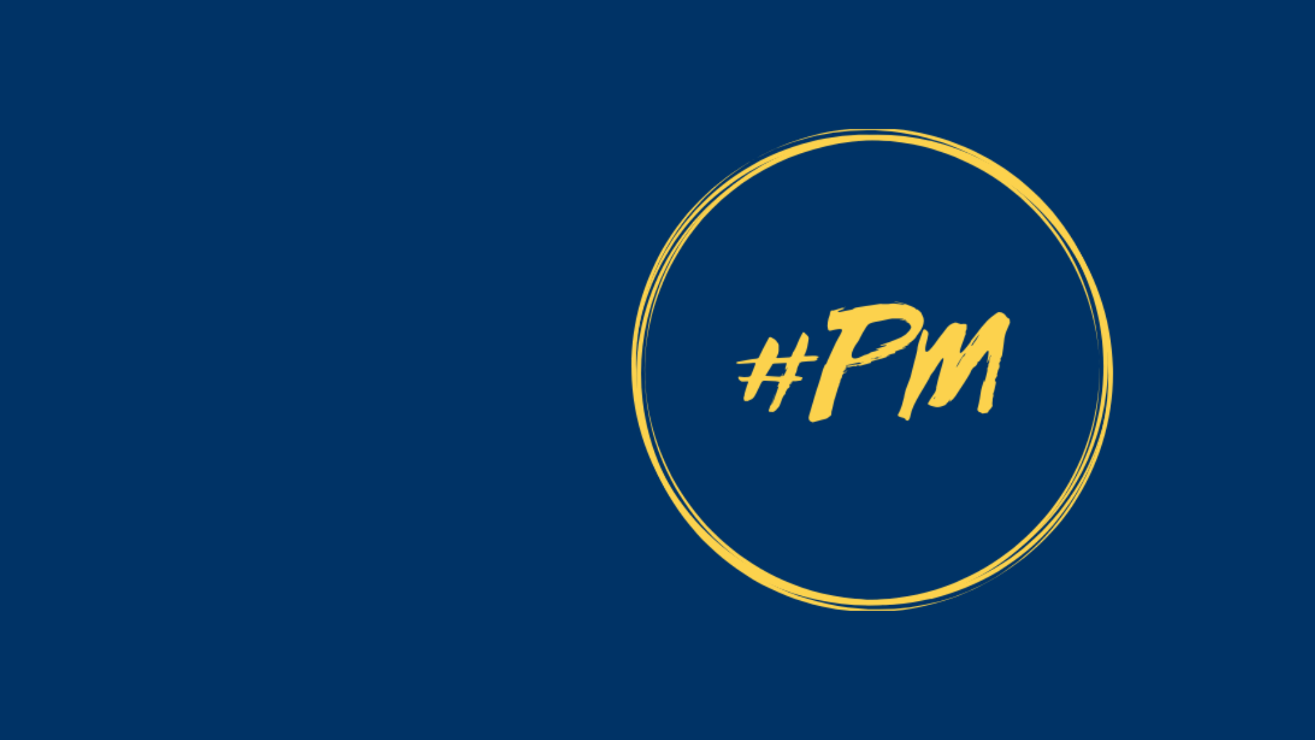 a blue background with a yellow circle with the word pm in it .