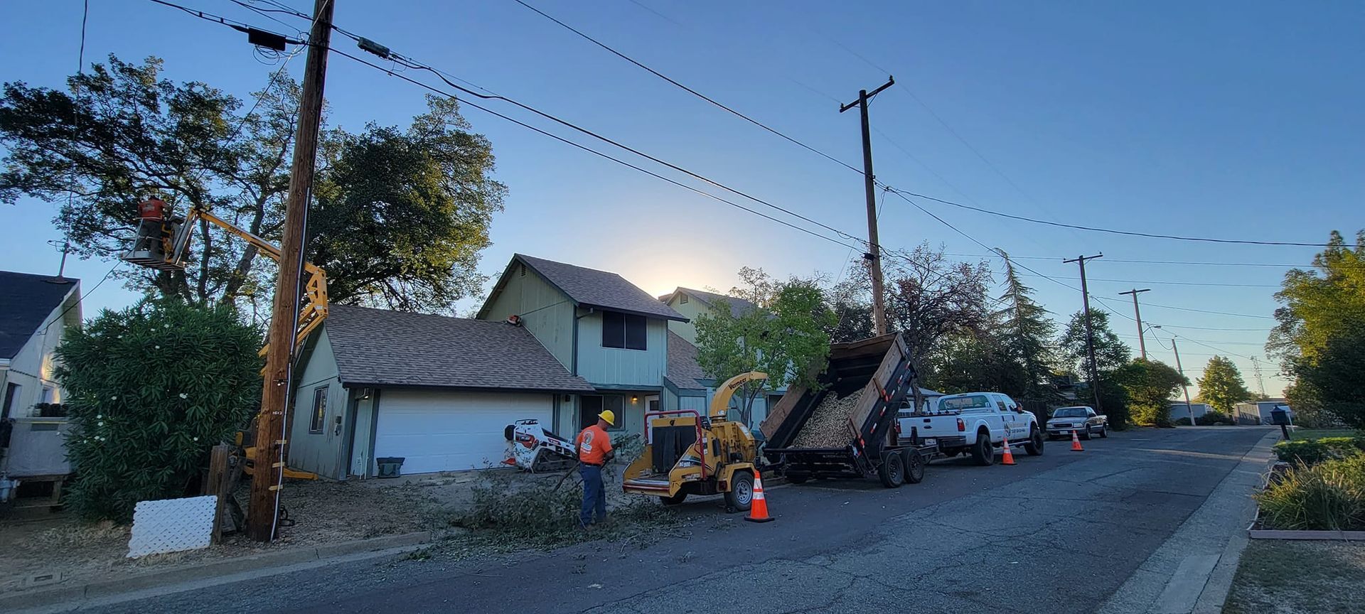Workers using machinery to remove a tree next to a house; power lines and vehicles on a street.