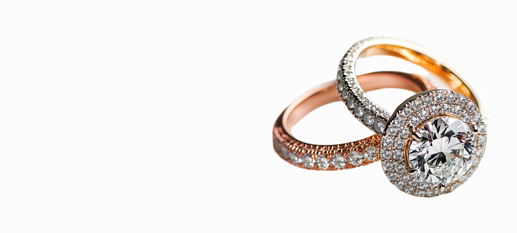 Dos anillos de boda se apilan uno encima del otro sobre un fondo blanco.