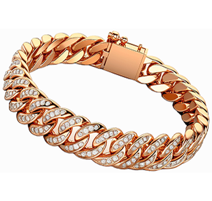 Una pulsera de oro con diamantes sobre fondo blanco.