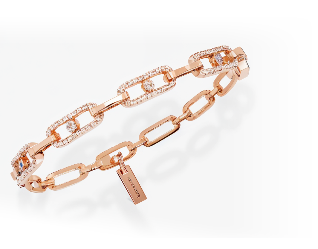 Un primer plano de una pulsera con diamantes sobre un fondo blanco.