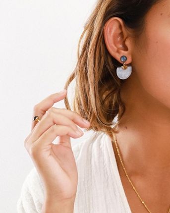 Una mujer que lleva un par de pendientes y un collar.