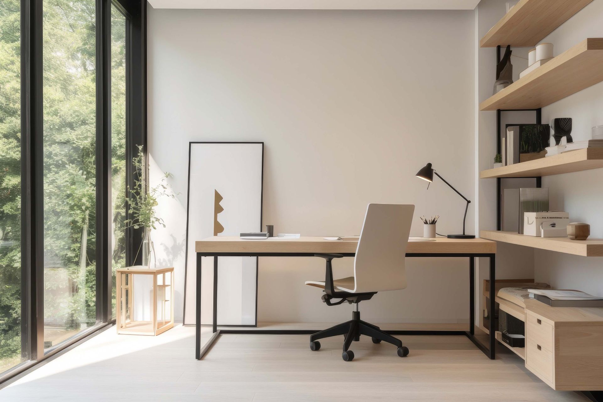 Modern Home Office with A Wooden Desk, Office Chair, Large Window with A Forest View, and Wall-Mounted Shelving.