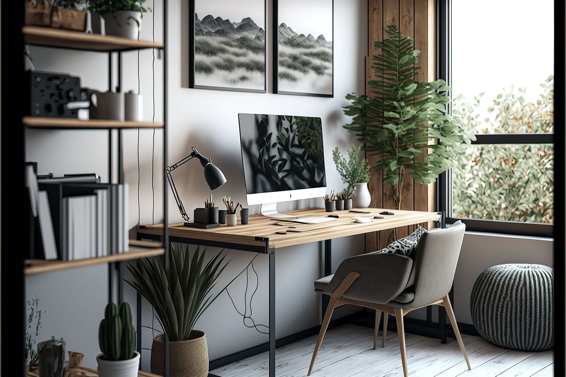 Modern Home Office with A Wooden Desk, Computer, Plants, Shelves, and A Chair Near a Bright Window.