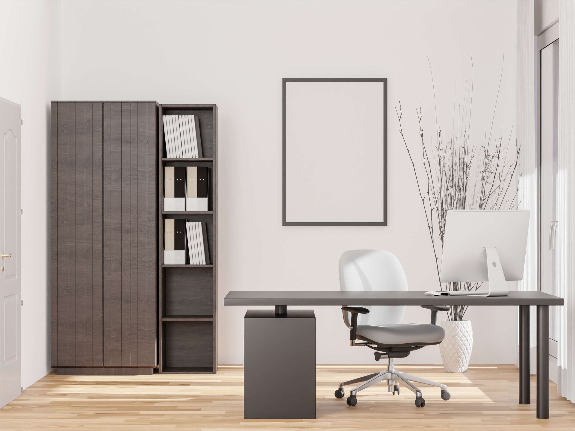 A Modern Office Features a Dark Wood Cabinet, a Sleek Desk with A Computer, an Office Chair, and A Blank Wall Frame.