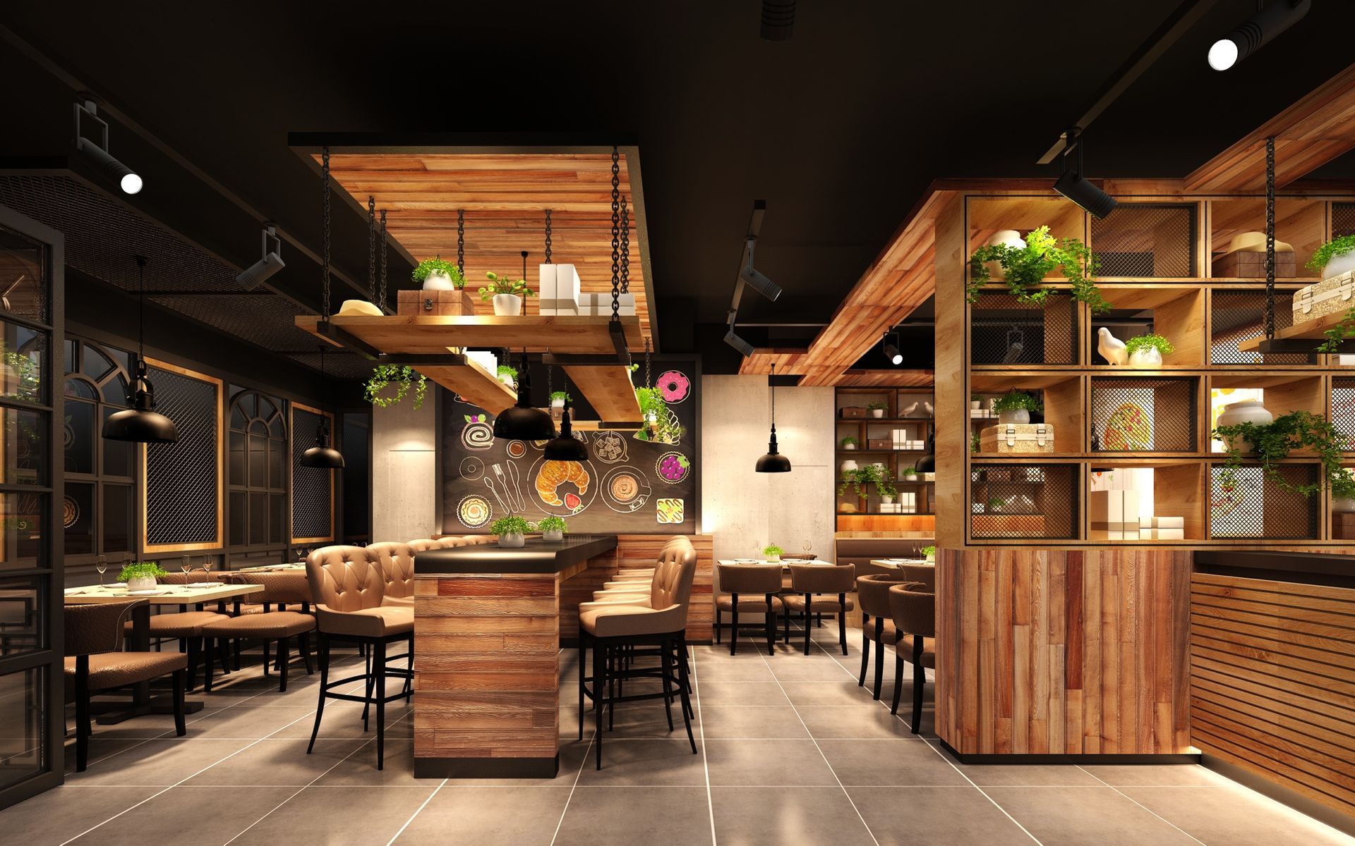 Modern Restaurant Interior with Wooden Accents, Hanging Shelving, and Dark Ceilings.