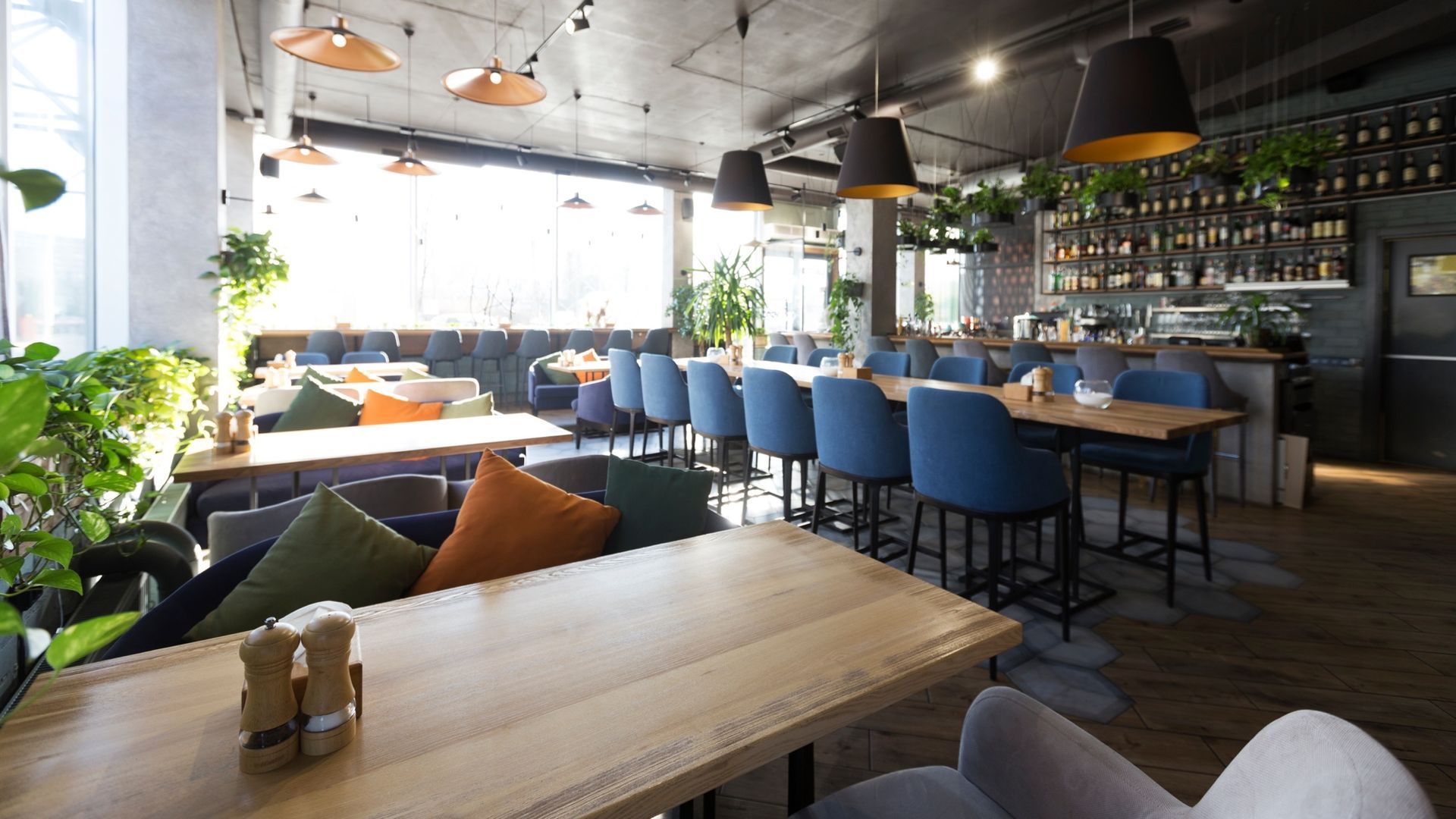 A modern restaurant interior featuring wooden tables, blue upholstered chairs, hanging lamps, and several green plants.
