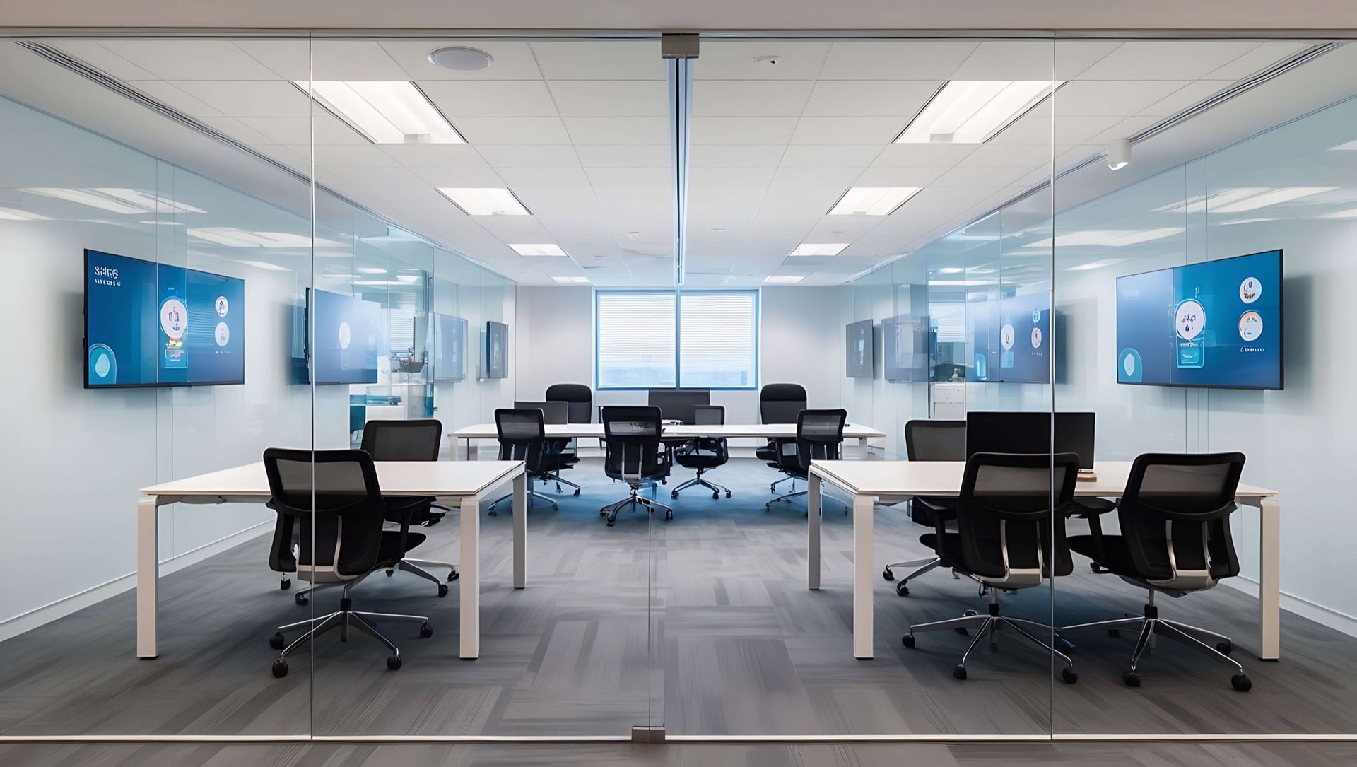 A Modern, Glass-Walled Office Conference Room Featuring White Desks, Black Chairs, and Wall-Mounted Digital Screens.