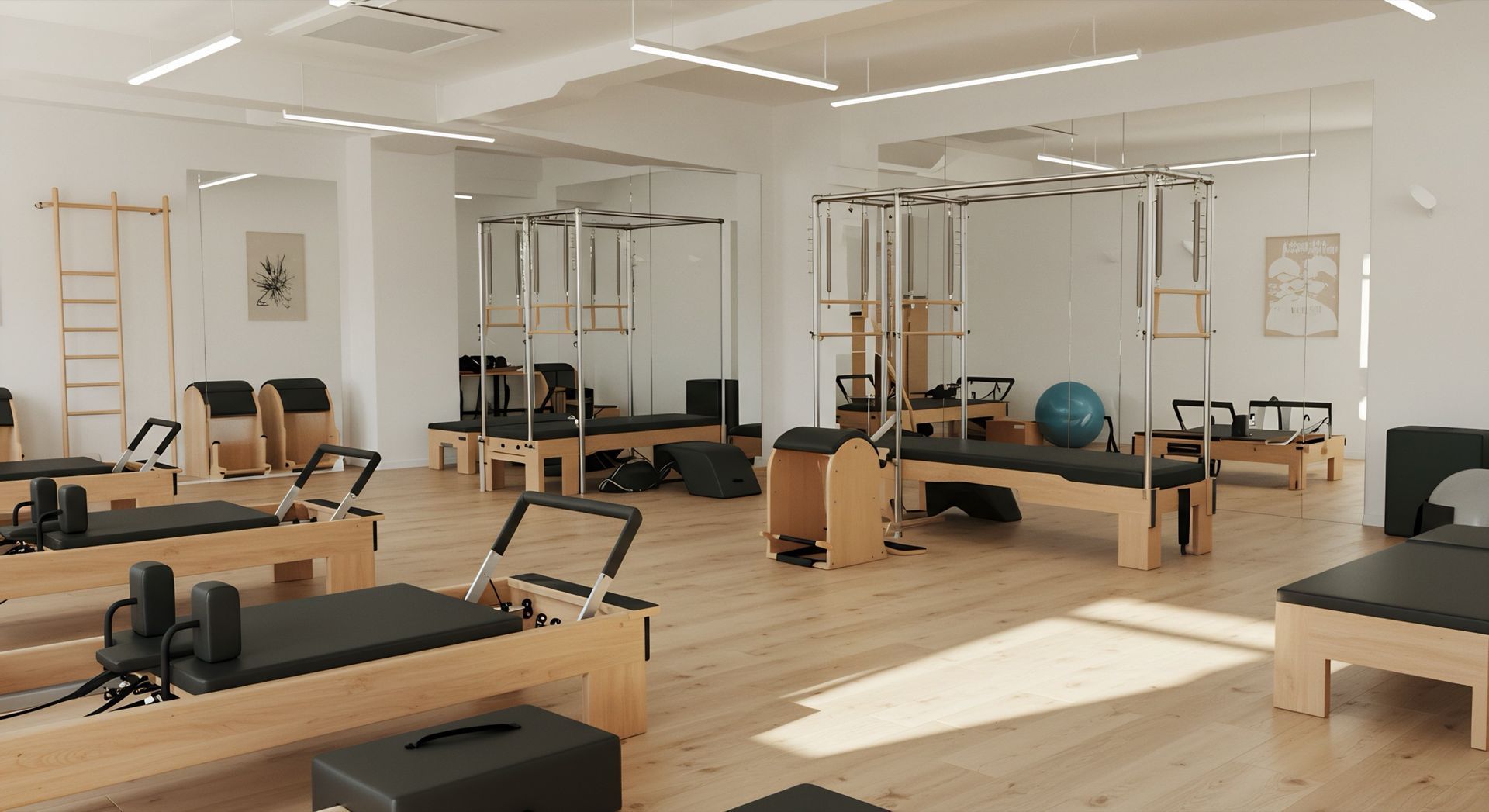 A bright Pilates studio featuring multiple reformers, trapeze tables, and other fitness equipment on a wooden floor.