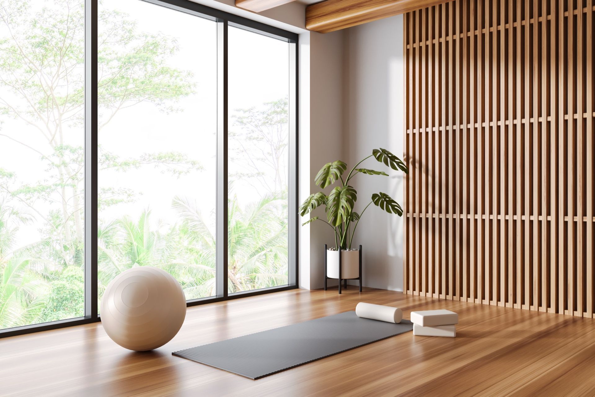 A Yoga Studio with A Wooden Floor, Yoga Mat, Exercise Ball, and Potted Plant, Featuring a Large Window with Greenery Outside.