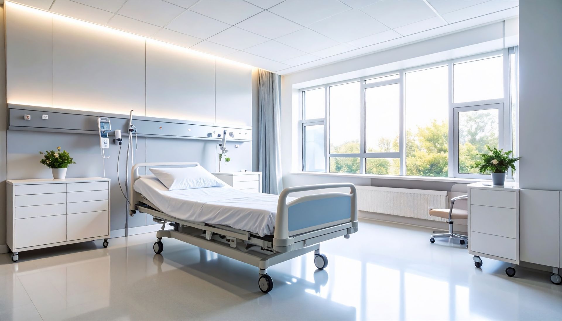 A Bright, Modern Hospital Room Featuring an Empty Adjustable Bed, Clean White Furniture, and Large Windows.